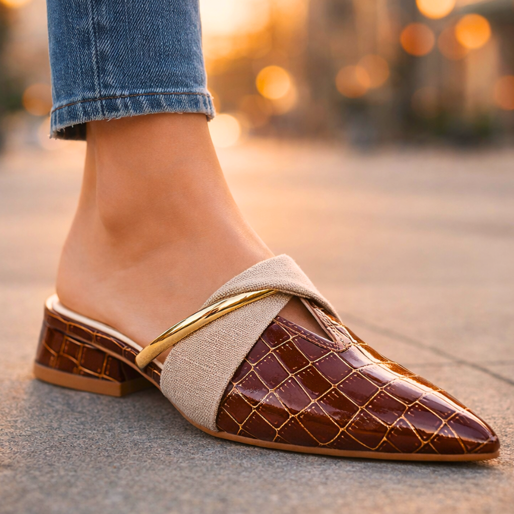 Yangtze Croc-Embossed Crossover Mules