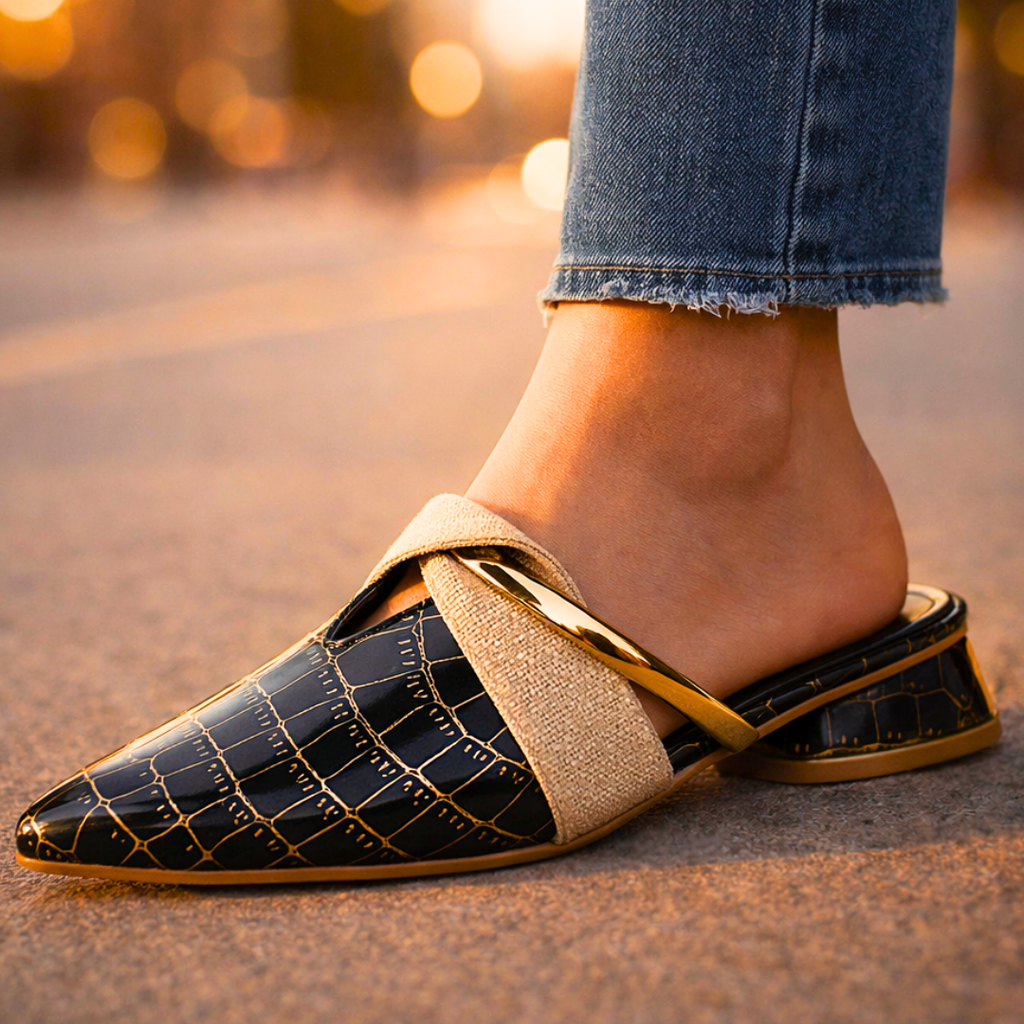 Yangtze Croc-Embossed Crossover Mules