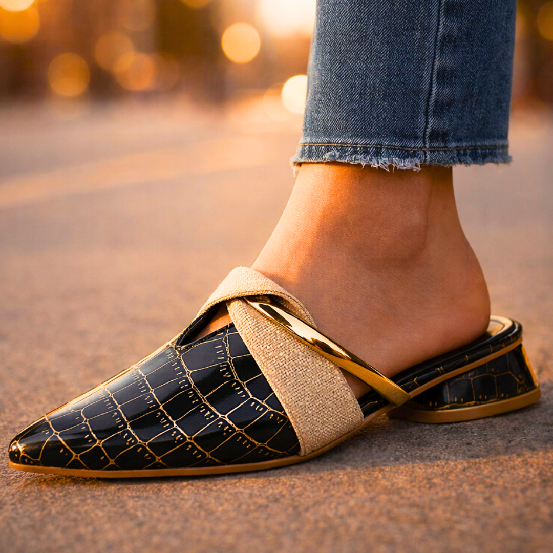 Yangtze Croc-Embossed Crossover Mules
