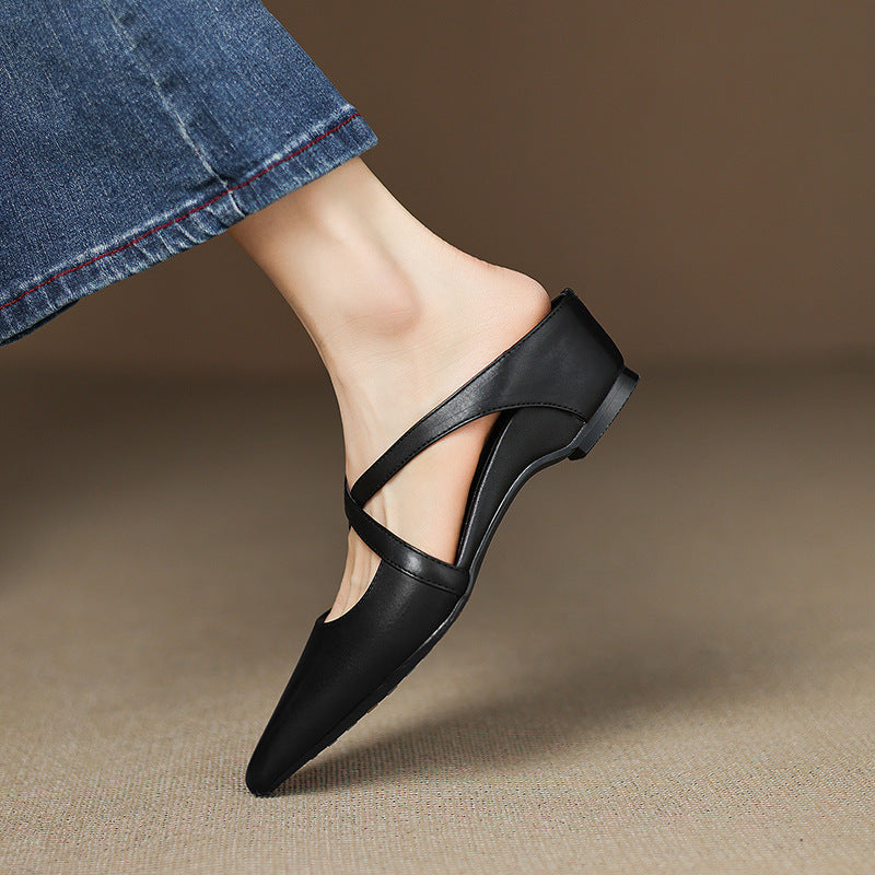 Basel Cross-Strap Leather Pointed Mules
