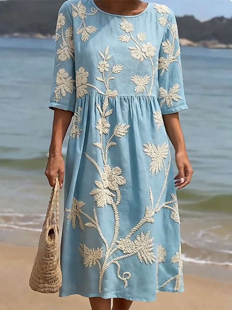 Ayers Embroidered Linen Floral Midi Dress