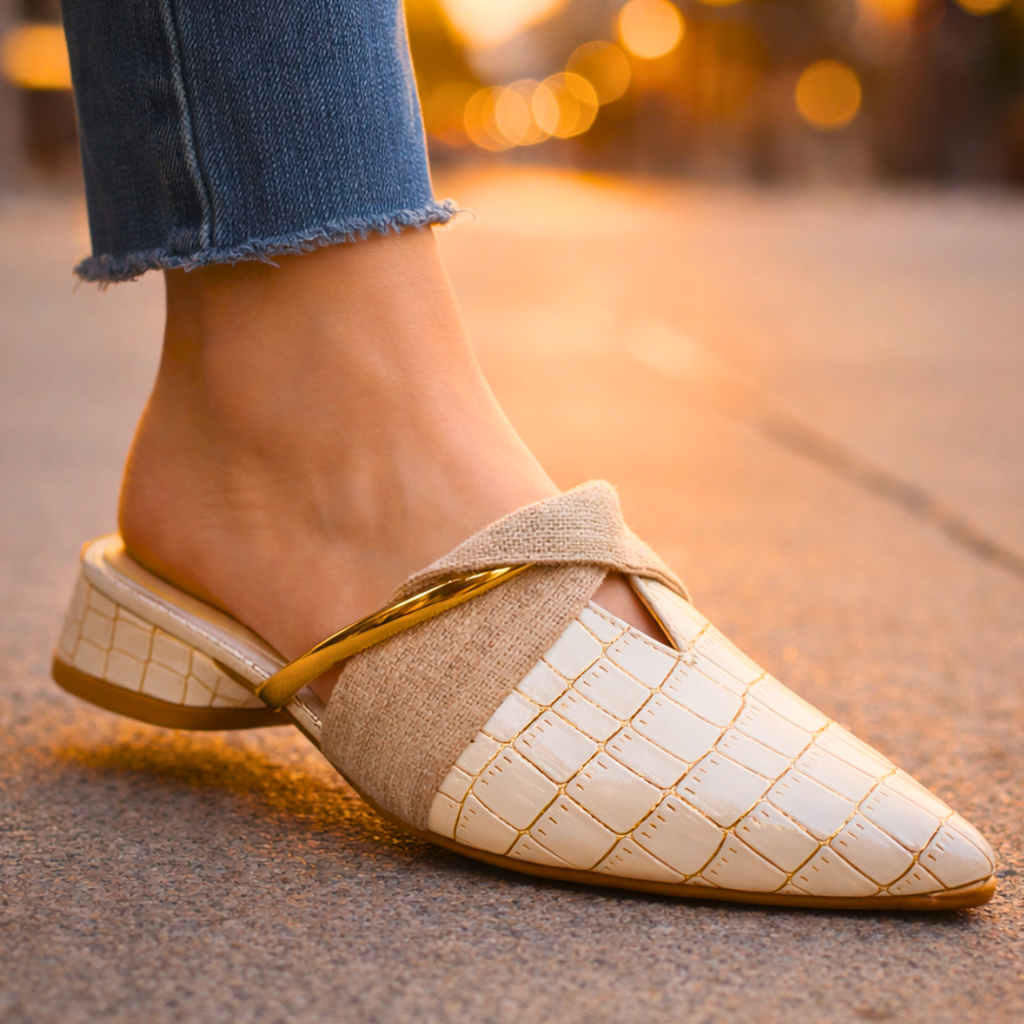 Yangtze Croc-Embossed Crossover Mules