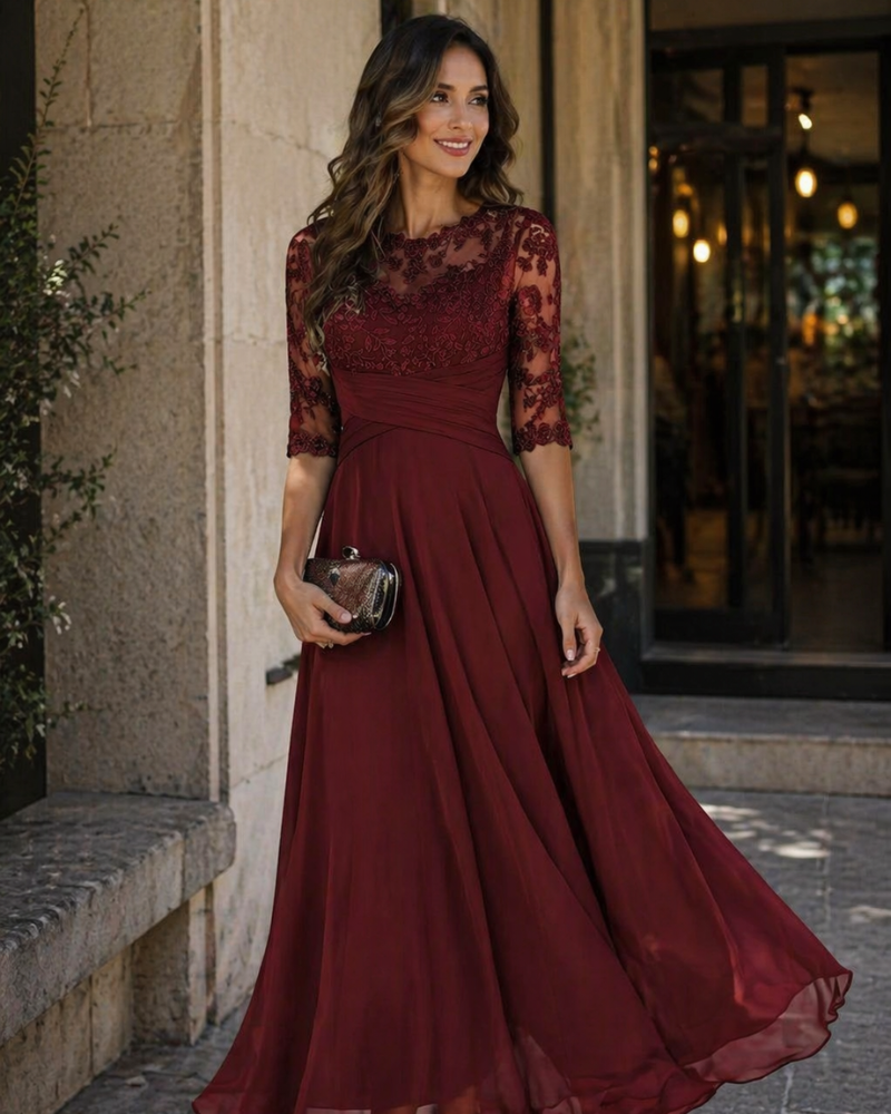 Paris Floral Lace & Chiffon Evening Gown